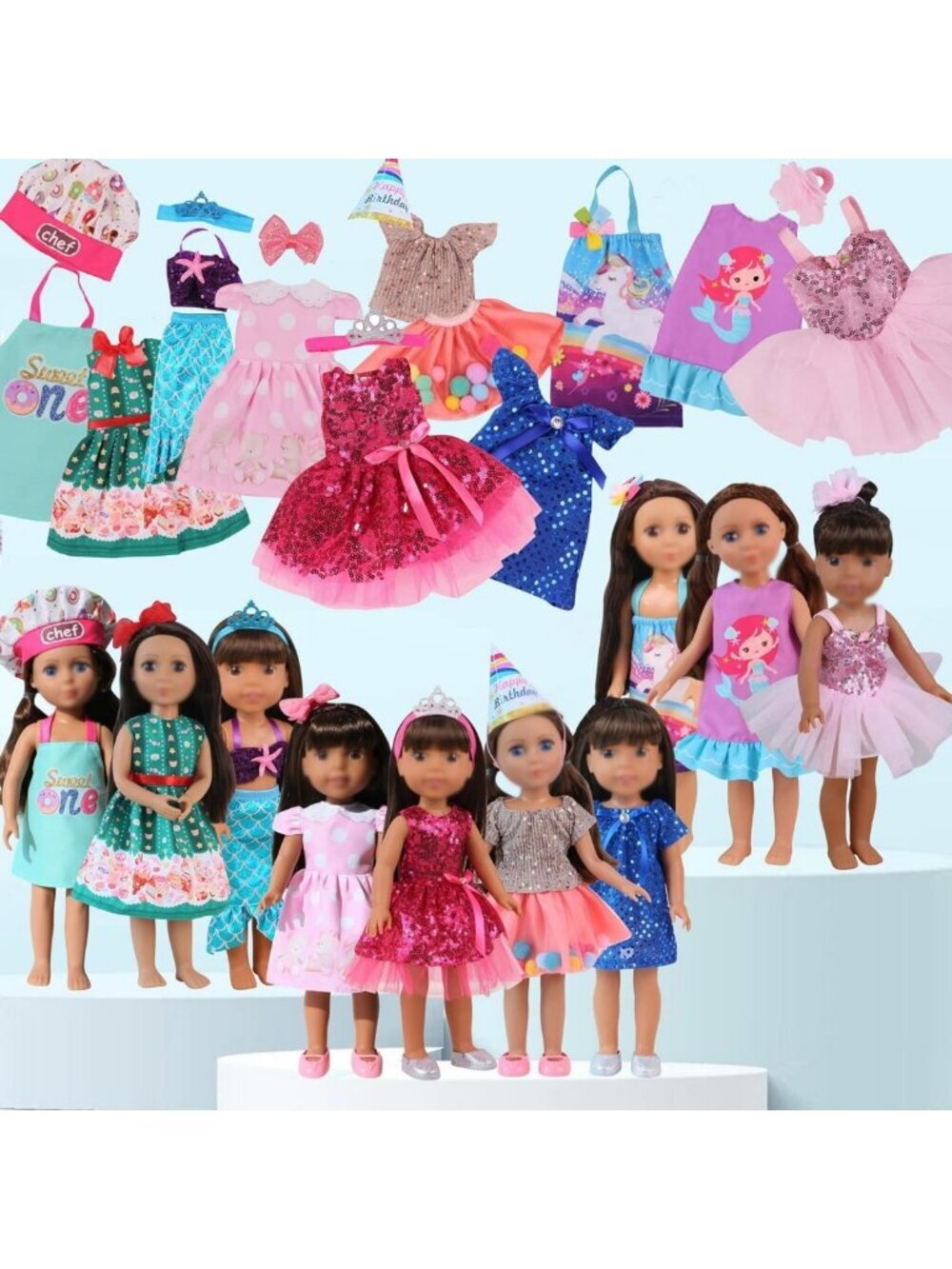 14" Doll Clothes & Accessories Set - 10 Outfits for 14" Glitter Girl & Wellie